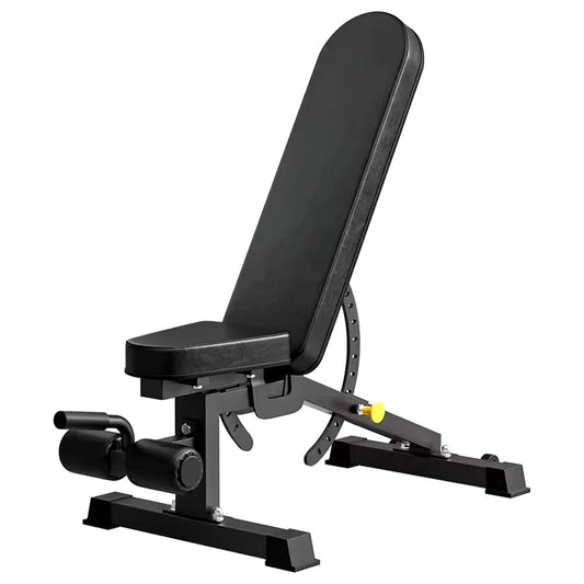 Black adjustable weight bench on a white background