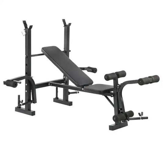 Black weight bench with adjustable components on a white background