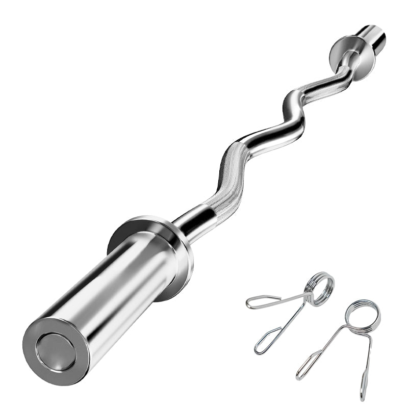 Olympic EZ Curl Barbell Bar 47" - Premium Chrome-Plated Steel Weightlifting Bar - Ergonomic Design for Bicep Curls, Hip Thrusts & Upper Body Training - 500lb Capacity with 2 Spring Collars - Home Gym
