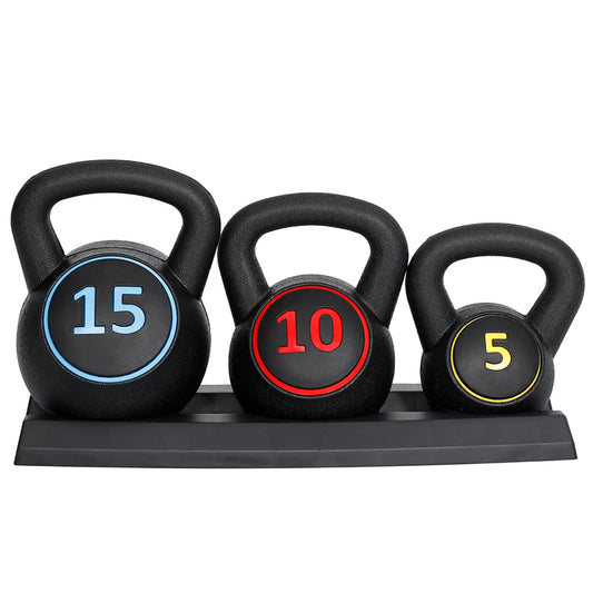 3-Piece Kettlebell Weight Set – 5lb, 10lb, 15lb (2.2kg, 4.5kg, 6.8kg) with Storage Stand | Strength & Cardio Training Set for Home Gym Workouts