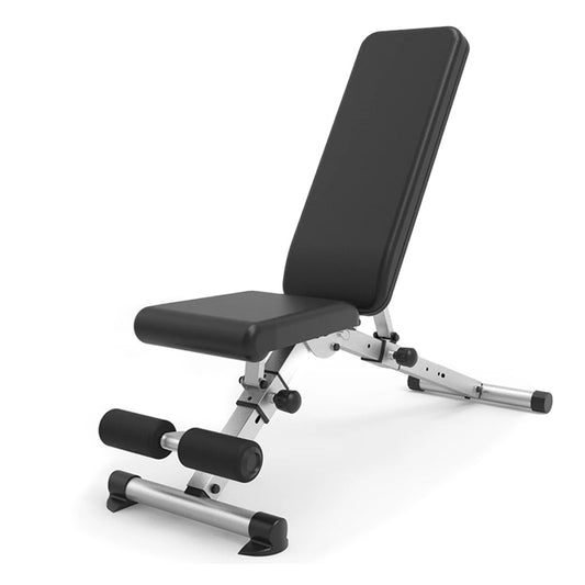 Black adjustable weight bench on a white background