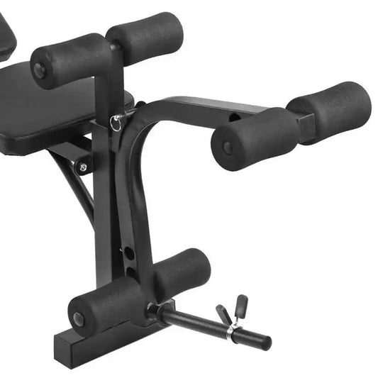 Black weight bench with adjustable components on a white background