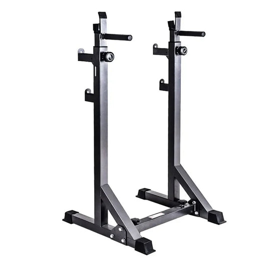 Pair of black and silver weightlifting stands on a white background