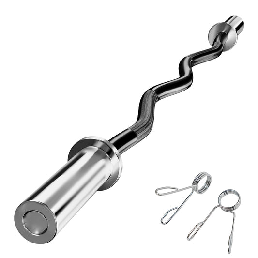 Olympic EZ Curl Barbell Bar 47" - Premium Chrome-Plated Steel Weightlifting Bar - Ergonomic Design for Bicep Curls, Hip Thrusts & Upper Body Training - 500lb Capacity with 2 Spring Collars - Home Gym