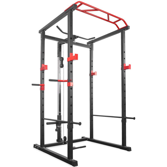 Professional Power Multi Cage with Integrated Cable Pulley System - Heavy-Duty Steel Construction - Adjustable J-Hooks & Safety Spotters - Multi-Grip Pull-Up Bar - Complete Home Gym Solution