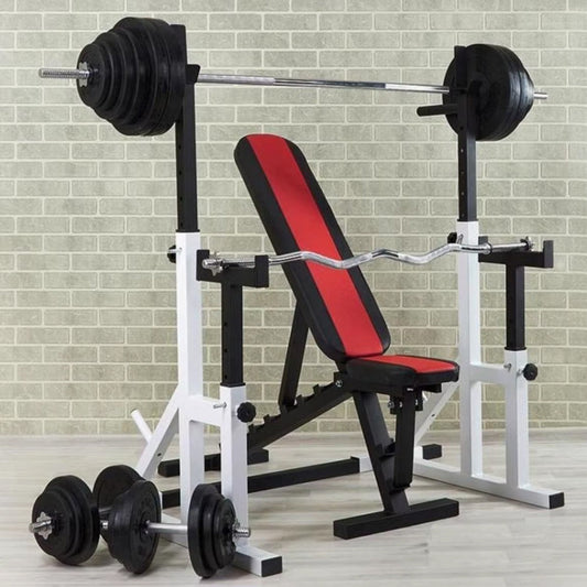 Weight bench with weights on a tiled floor