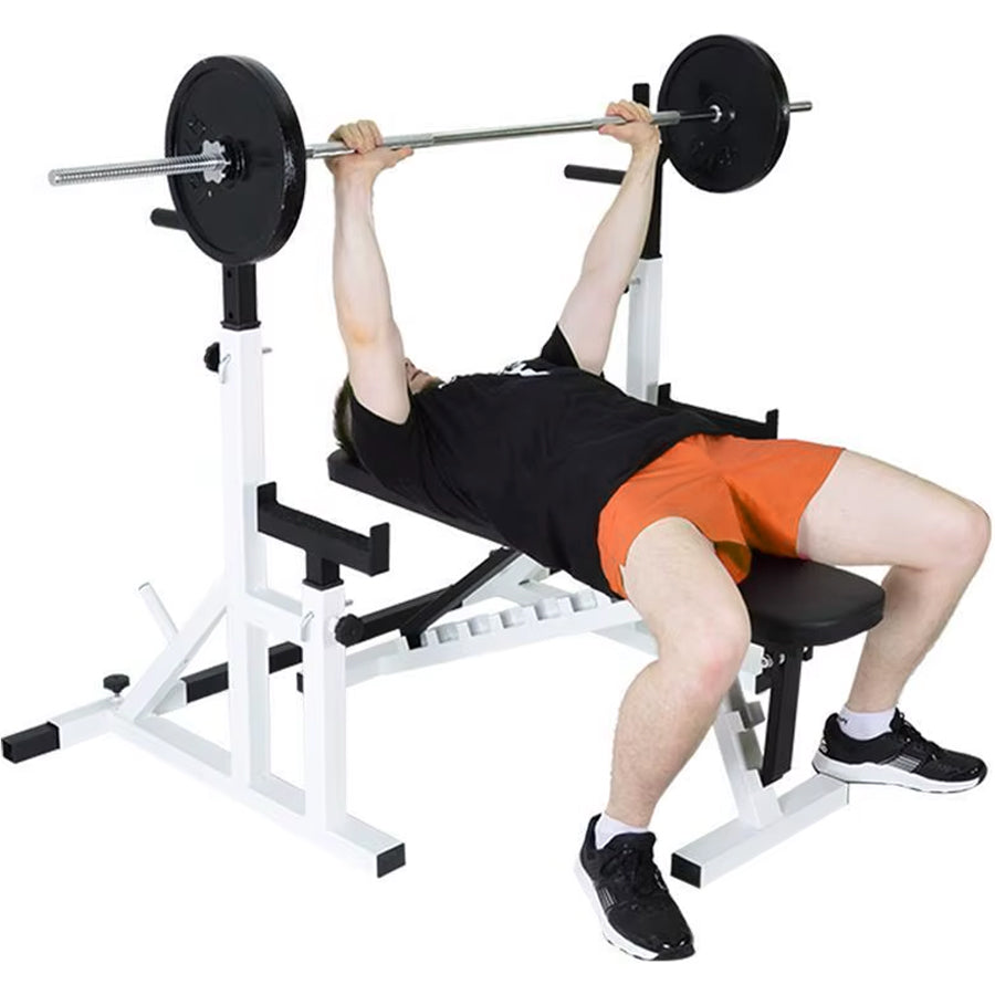Person performing a bench press on a weightlifting bench with weights on a white background