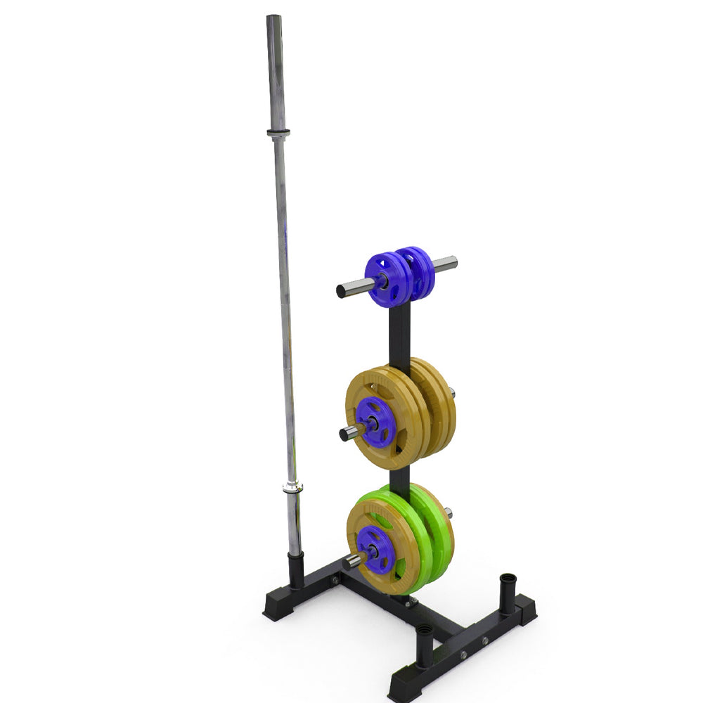 Olympic Weight Tree & Bar Stand 3-Tier: Heavy-Duty Storage Rack for 2-Inch Plates - Home Gym Organiser with 200kg Capacity - Scratch-Resistant Powder-Coated Steel Frame - Compact Equipment Storage