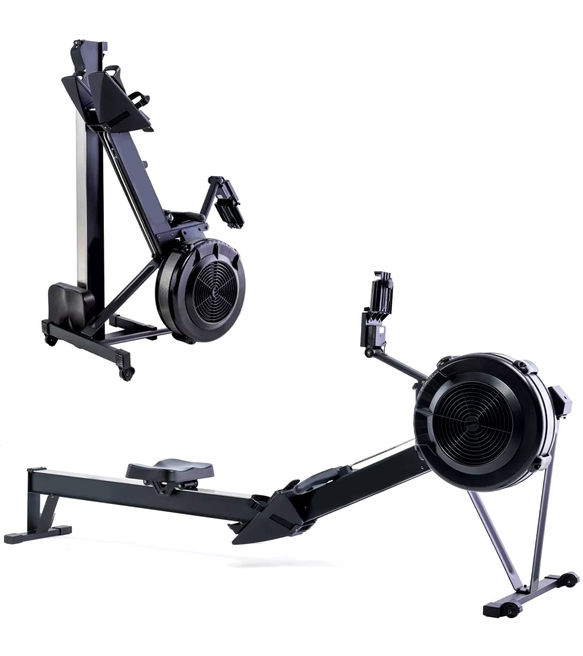 Two views of a black rowing machine on a white background
