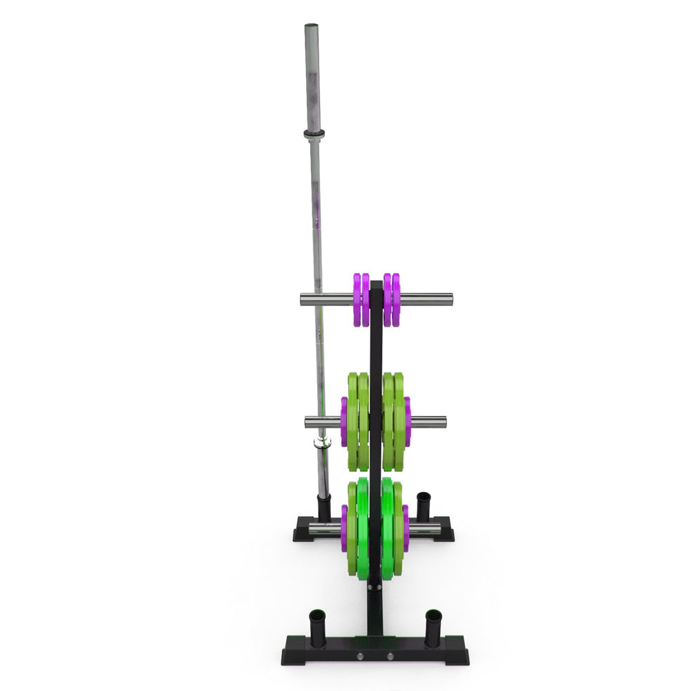 Olympic Weight Tree & Bar Stand 3-Tier: Heavy-Duty Storage Rack for 2-Inch Plates - Home Gym Organiser with 200kg Capacity - Scratch-Resistant Powder-Coated Steel Frame - Compact Equipment Storage