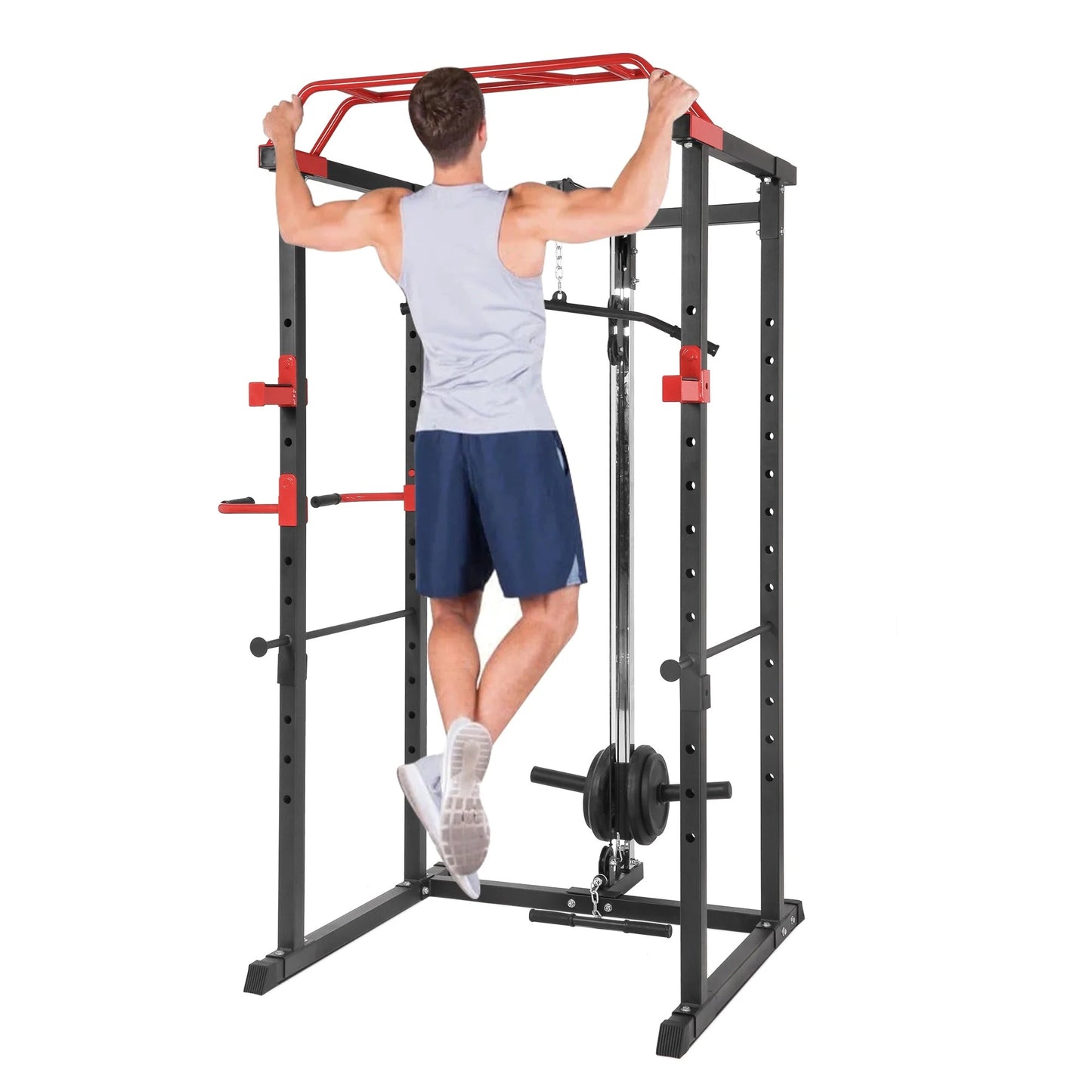 Professional Power Multi Cage with Integrated Cable Pulley System - Heavy-Duty Steel Construction - Adjustable J-Hooks & Safety Spotters - Multi-Grip Pull-Up Bar - Complete Home Gym Solution
