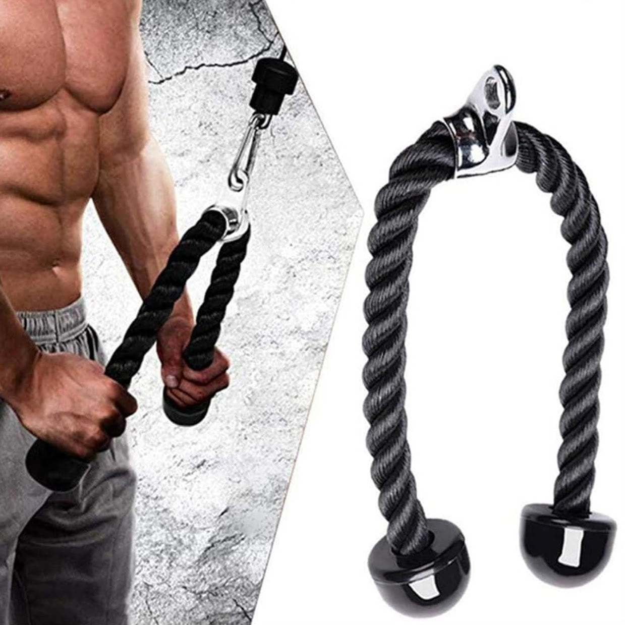 Fitness equipment with twisted rope handles held by a person, on a white background