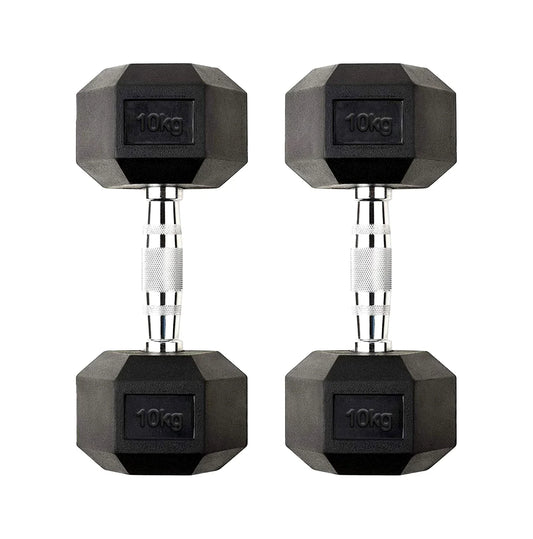 10kg Rubber Hex Dumbbells with Chrome Steel Handles – Non-Slip Free Weights for Strength Training, Home Gym Workouts & Full-Body Conditioning