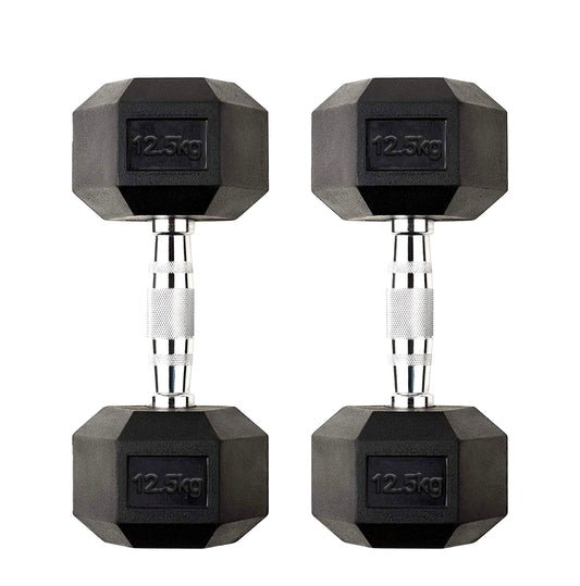 12.5kg Rubber Hex Dumbbells with Chrome-Plated Steel Handles – Anti-Roll Compact Weights for Strength Workouts, Functional Training & Home Gym Routines