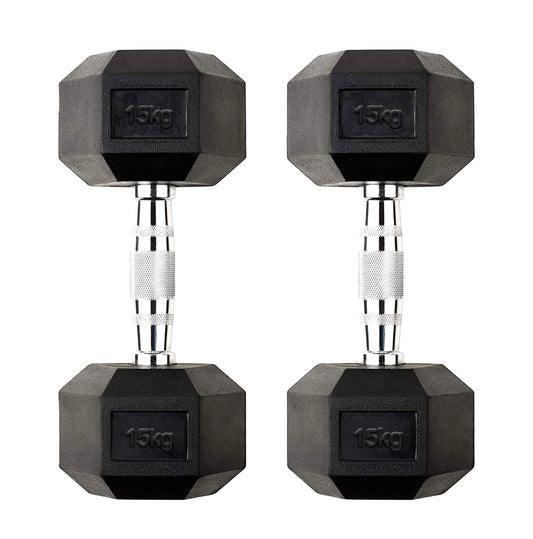 15kg Rubber Hex Dumbbells with Anti-Slip Steel Handles – Heavy Free Weights for Muscle Building, Power Training & Compact Home Gym Workouts