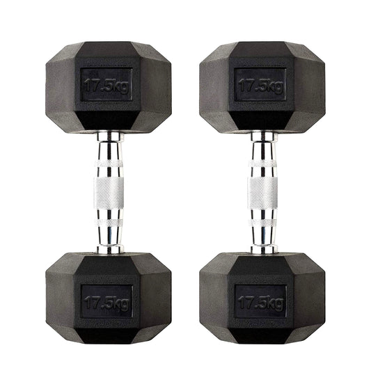 17.5kg Rubber Hex Dumbbells with Chrome Steel Handles – Non-Roll Heavy Weights for Strength Training, Home Gym Lifting & Muscle Development