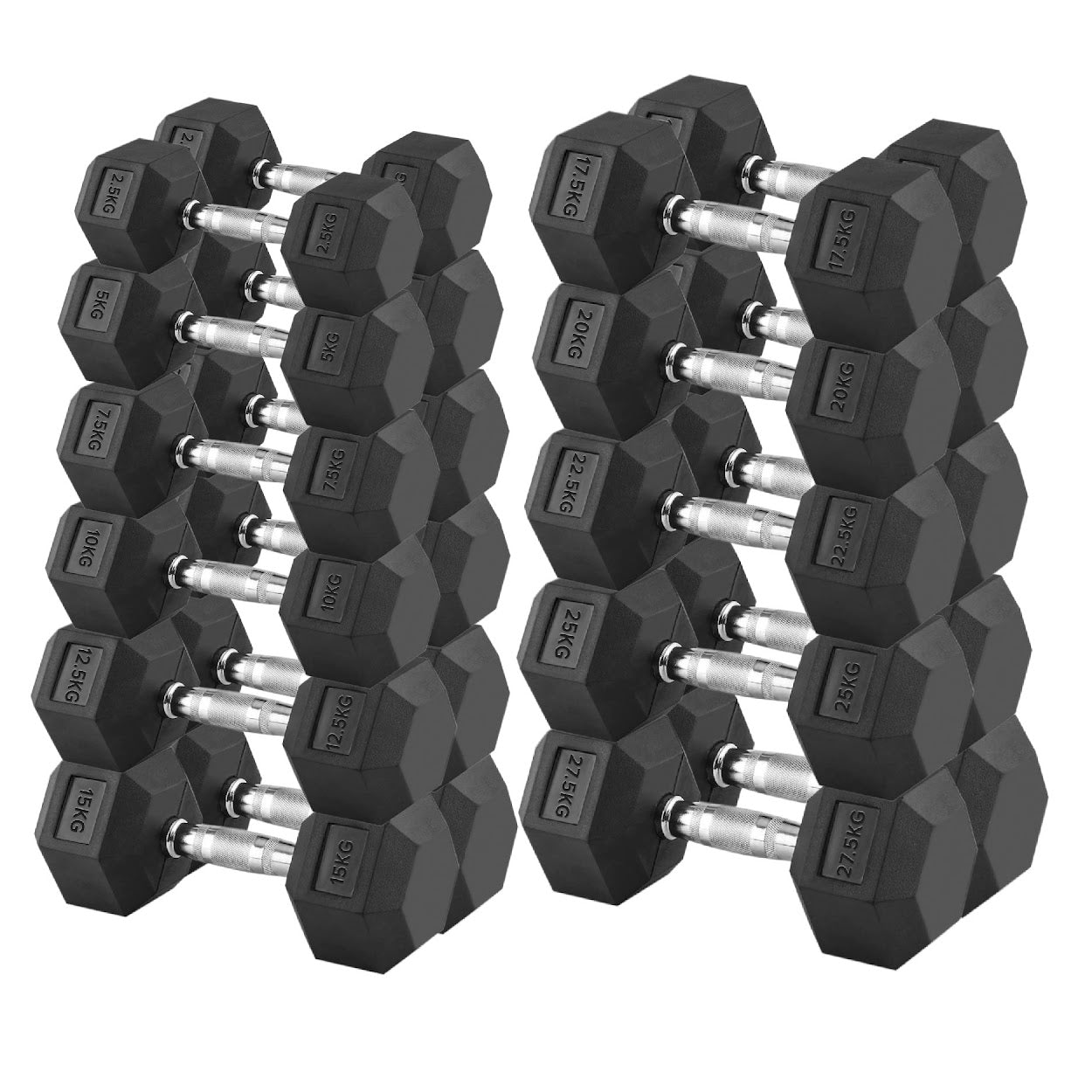 Premium Rubber-Coated Hex Dumbbells: Singles, Pairs & Complete Weight Sets from 2.5kg to 60kg - Anti-Roll Design with Ergonomic Metal Handles for Home Gym, Strength Training & Professional Bodybuilding