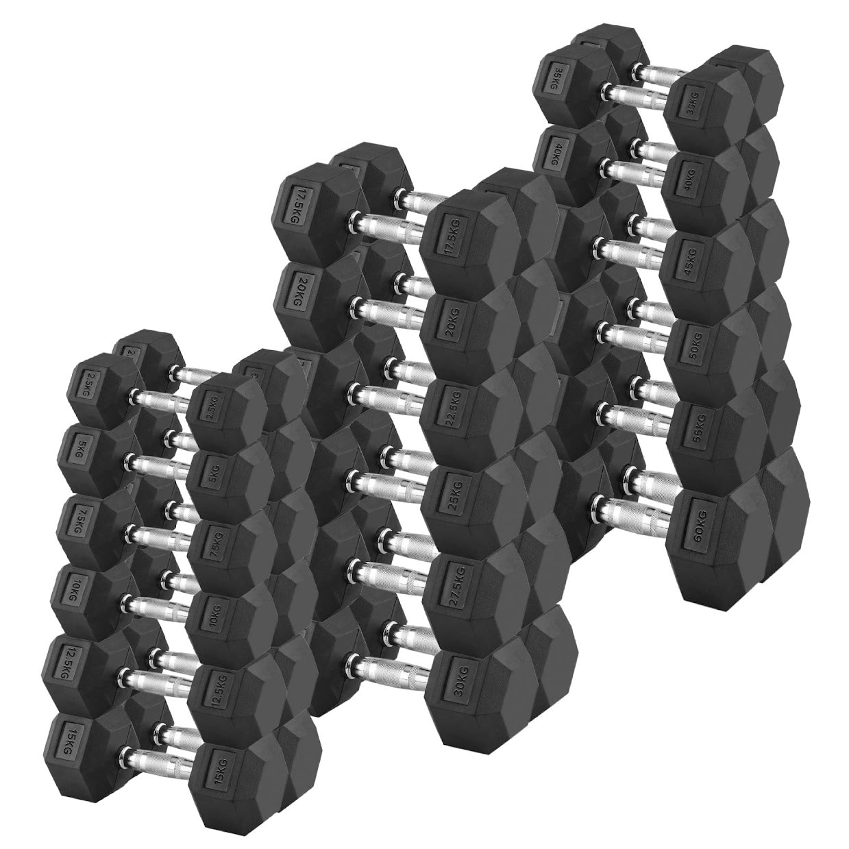 Premium Rubber-Coated Hex Dumbbells: Singles, Pairs & Complete Weight Sets from 2.5kg to 60kg - Anti-Roll Design with Ergonomic Metal Handles for Home Gym, Strength Training & Professional Bodybuilding