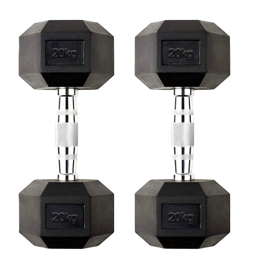 20kg Rubber Hex Dumbbells with Chrome Steel Handles – Heavy Strength Weights for Home Gym Workouts, Power Training & Full-Body Muscle Conditioning