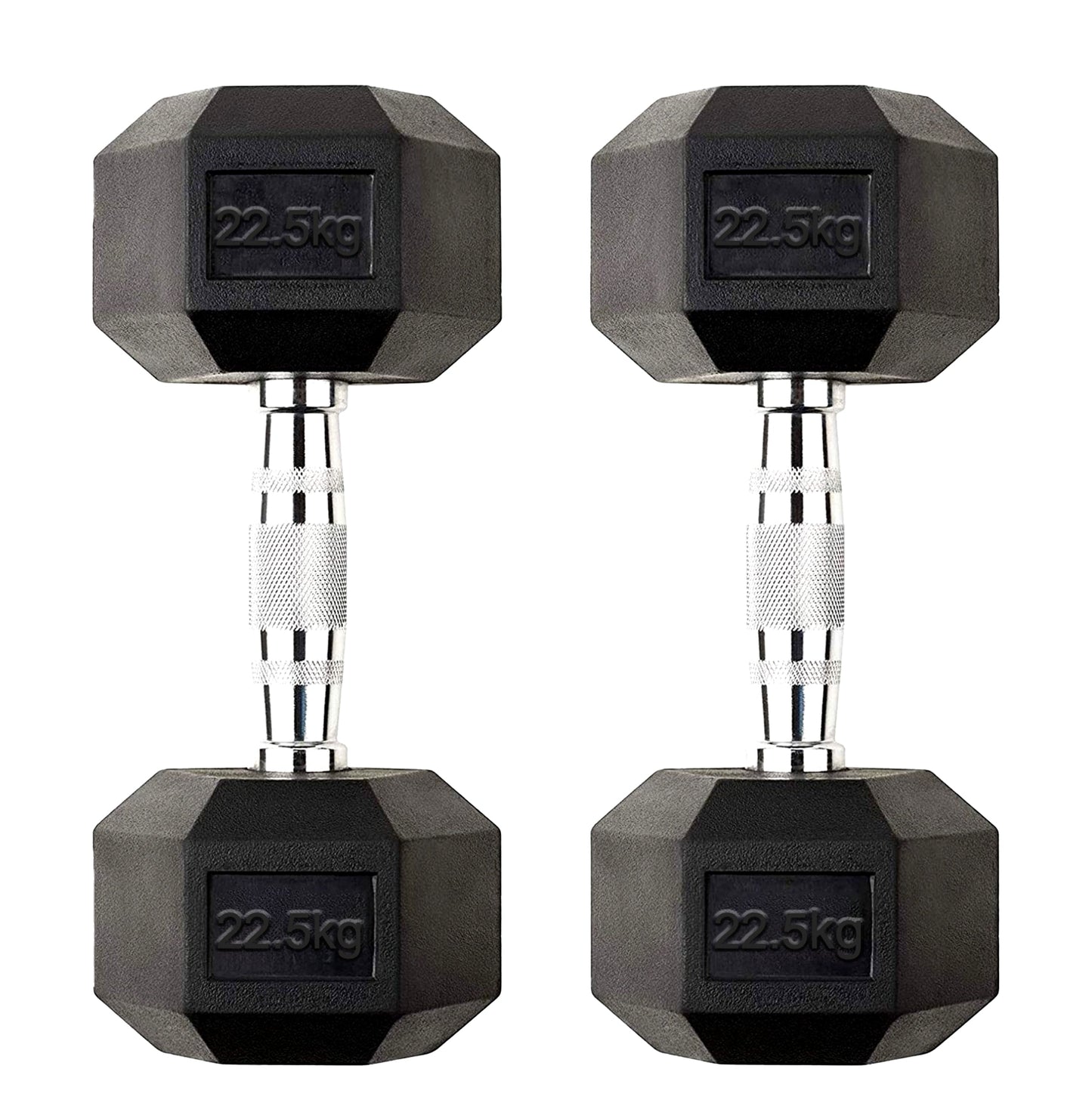 22.5kg Rubber Hex Dumbbells with Chrome Knurled Handles – Heavy-Duty Weights for Strength Training, Muscle Growth & Compact Home Gym Use