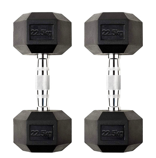 22.5kg Rubber Hex Dumbbells with Chrome Knurled Handles – Heavy-Duty Weights for Strength Training, Muscle Growth & Compact Home Gym Use