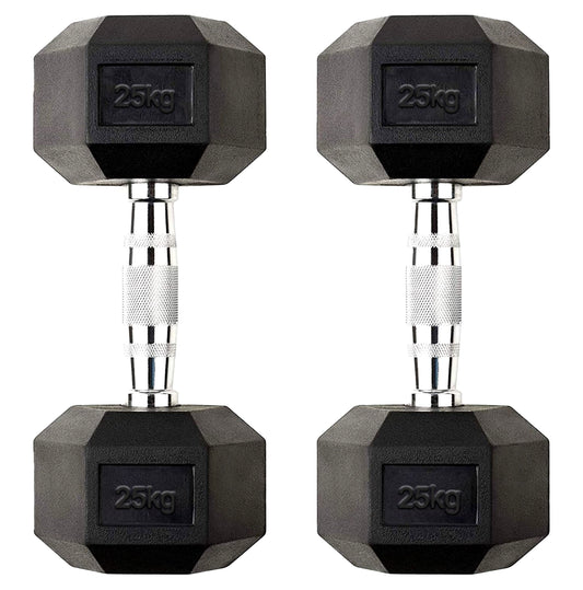 25kg Rubber Hex Dumbbells with Chrome Steel Handles – Heavy Free Weights for Strength Training, Powerlifting & Home Gym Muscle Workouts