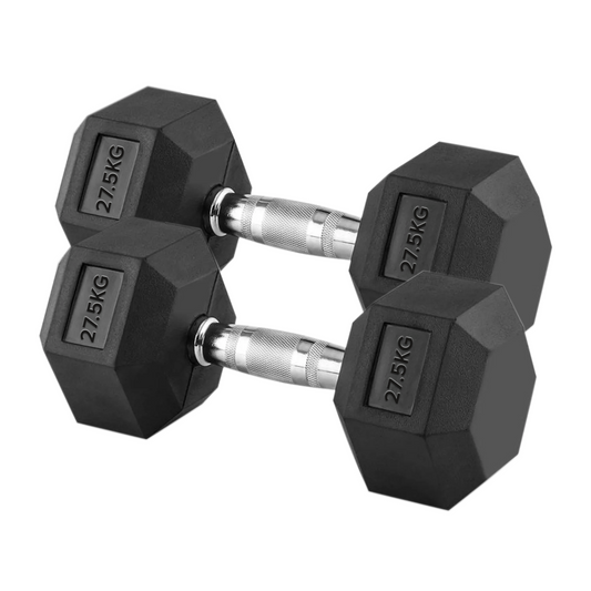 27.5kg Rubber Hex Dumbbells with Knurled Steel Handles – Heavy Strength Weights for Muscle Building, Resistance Training & Home Gym Performance