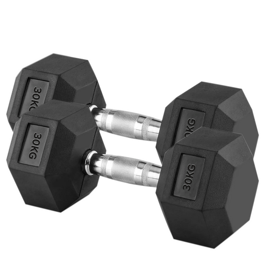 30kg Rubber Hex Dumbbells with Chrome Steel Handles – Heavy Free Weights for Advanced Strength Training, Full-Body Workouts & Compact Home Gym Setups