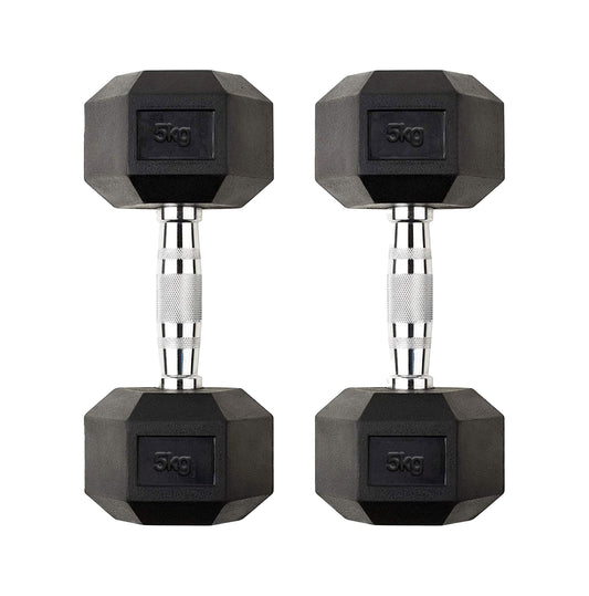 5kg Rubber Hex Dumbbells with Knurled Steel Handles – Compact Weights for Home Strength Workouts, Toning & Beginner Muscle Building