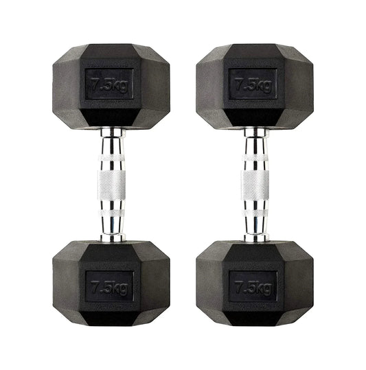 7.5kg Rubber Hex Dumbbells with Chrome Steel Grip – Non-Roll Design for Home Gym Strength Training, Functional Fitness & Muscle Toning