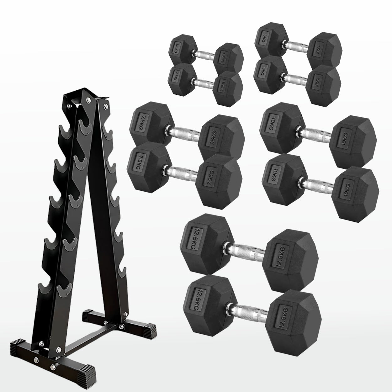 Premium Rubber-Coated Hex Dumbbells: Singles, Pairs & Complete Weight Sets from 2.5kg to 60kg - Anti-Roll Design with Ergonomic Metal Handles for Home Gym, Strength Training & Professional Bodybuilding