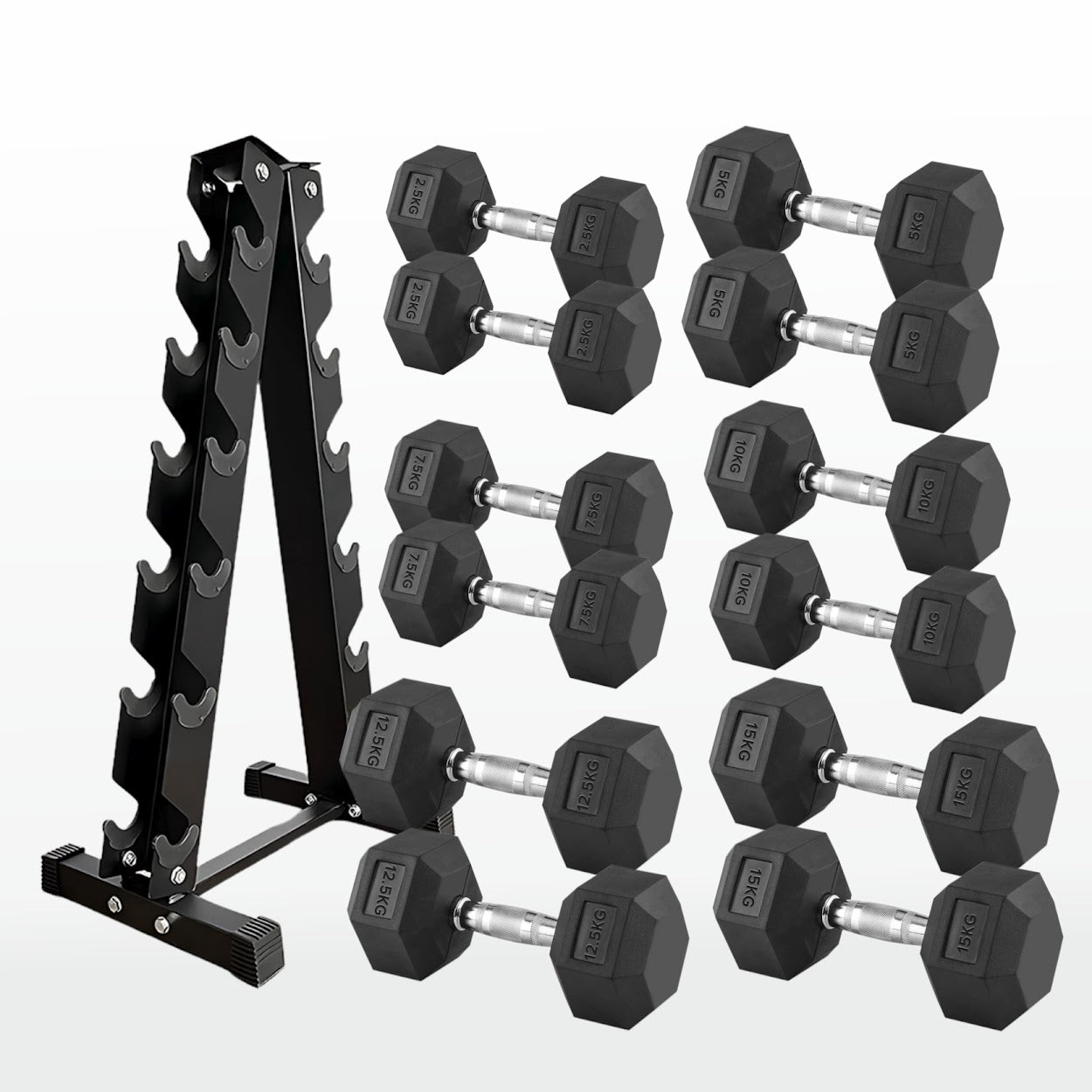 Premium Rubber-Coated Hex Dumbbells: Singles, Pairs & Complete Weight Sets from 2.5kg to 60kg - Anti-Roll Design with Ergonomic Metal Handles for Home Gym, Strength Training & Professional Bodybuilding