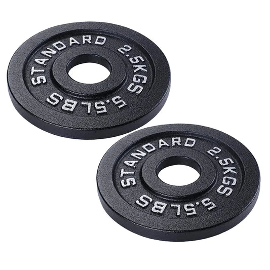 Two black weight plates with 'Standard 2.5KGS 5.5LBS' marking on a white background