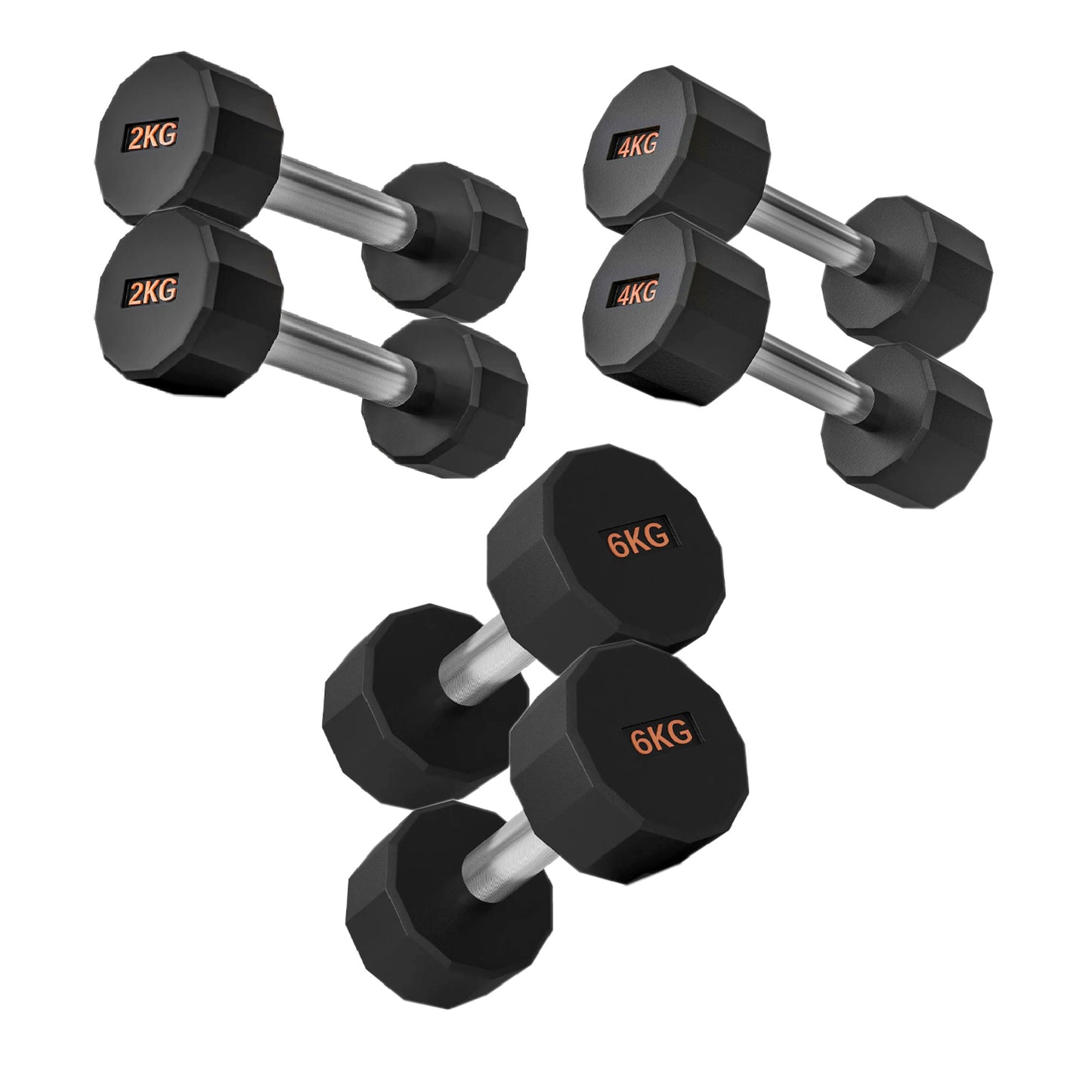 Round Hex Dumbbells with Anti-Roll Design - Premium Rubber-Coated Heads and Knurled Grip Handles - Available as Singles, Pairs or Complete Sets with Optional Storage Rack - Professional Gym Quality