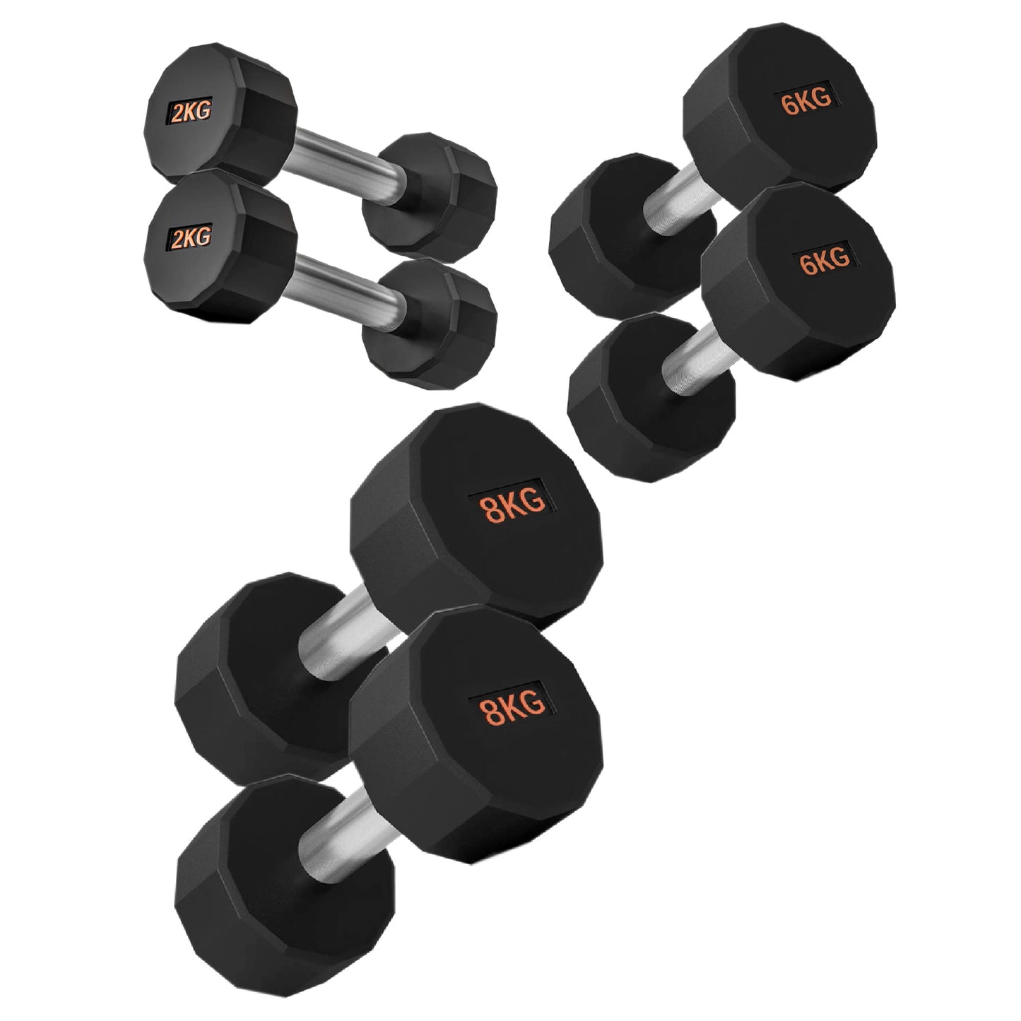 Round Hex Dumbbells with Anti-Roll Design - Premium Rubber-Coated Heads and Knurled Grip Handles - Available as Singles, Pairs or Complete Sets with Optional Storage Rack - Professional Gym Quality