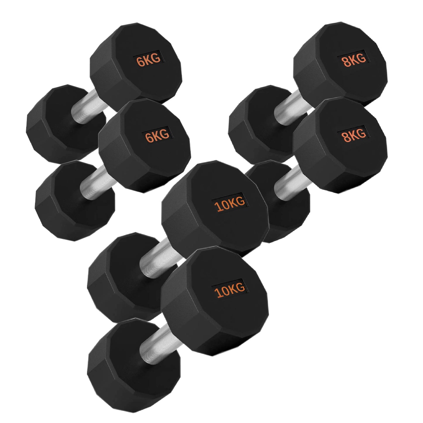 Round Hex Dumbbells with Anti-Roll Design - Premium Rubber-Coated Heads and Knurled Grip Handles - Available as Singles, Pairs or Complete Sets with Optional Storage Rack - Professional Gym Quality