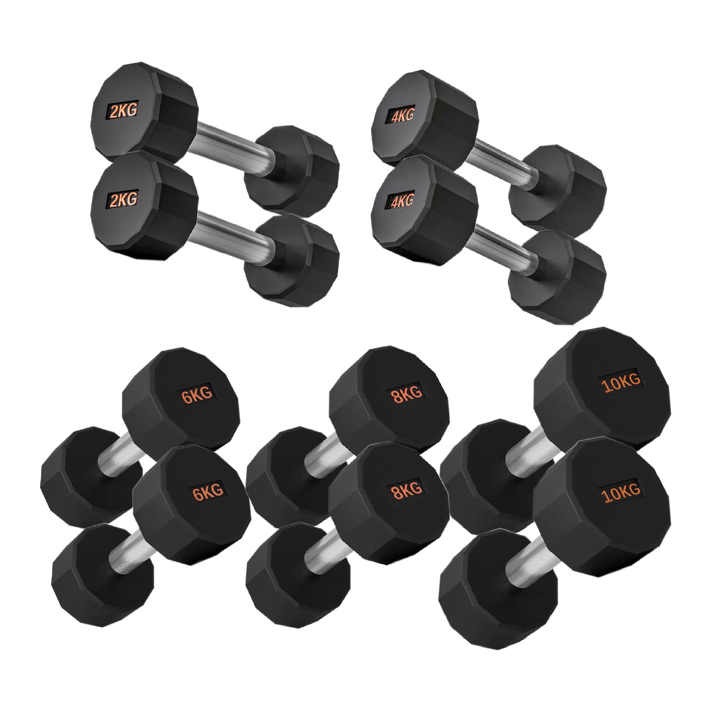 Round Hex Dumbbells with Anti-Roll Design - Premium Rubber-Coated Heads and Knurled Grip Handles - Available as Singles, Pairs or Complete Sets with Optional Storage Rack - Professional Gym Quality