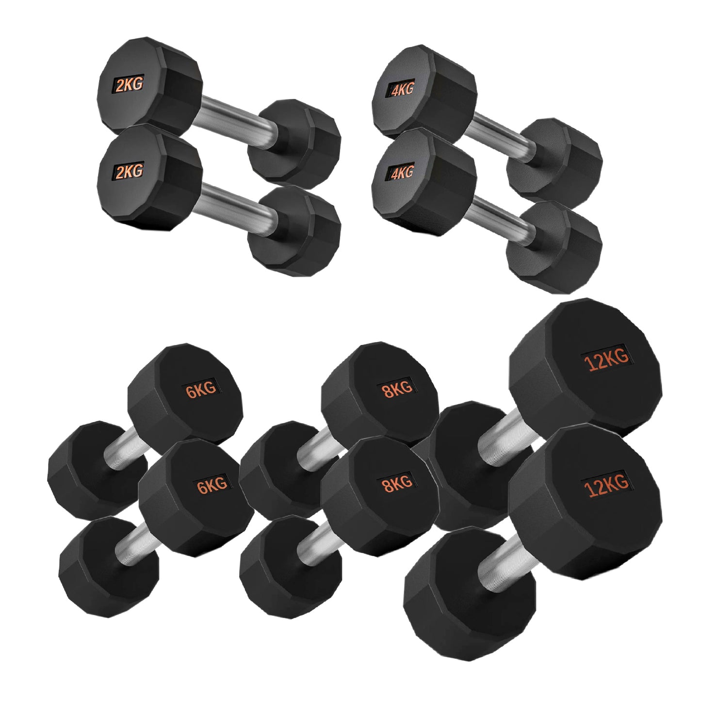 Round Hex Dumbbells with Anti-Roll Design - Premium Rubber-Coated Heads and Knurled Grip Handles - Available as Singles, Pairs or Complete Sets with Optional Storage Rack - Professional Gym Quality