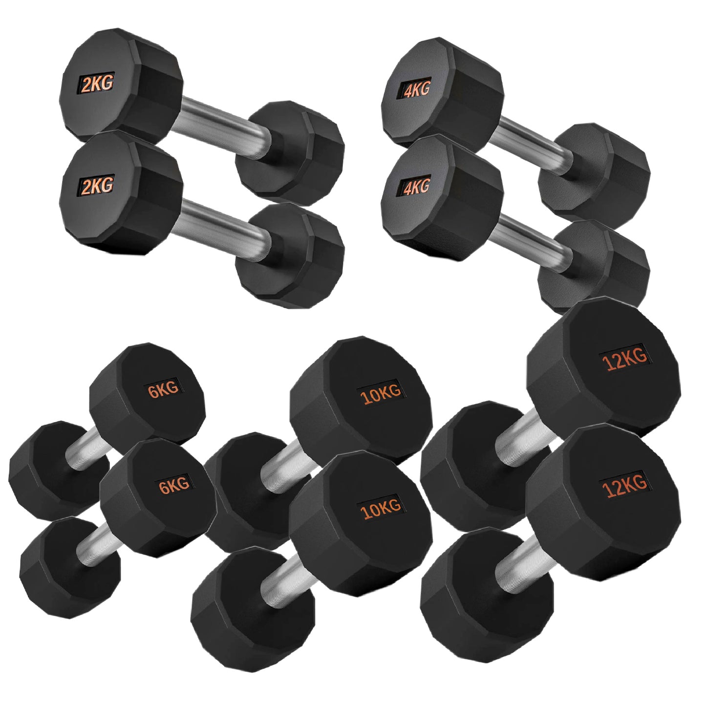 Round Hex Dumbbells with Anti-Roll Design - Premium Rubber-Coated Heads and Knurled Grip Handles - Available as Singles, Pairs or Complete Sets with Optional Storage Rack - Professional Gym Quality