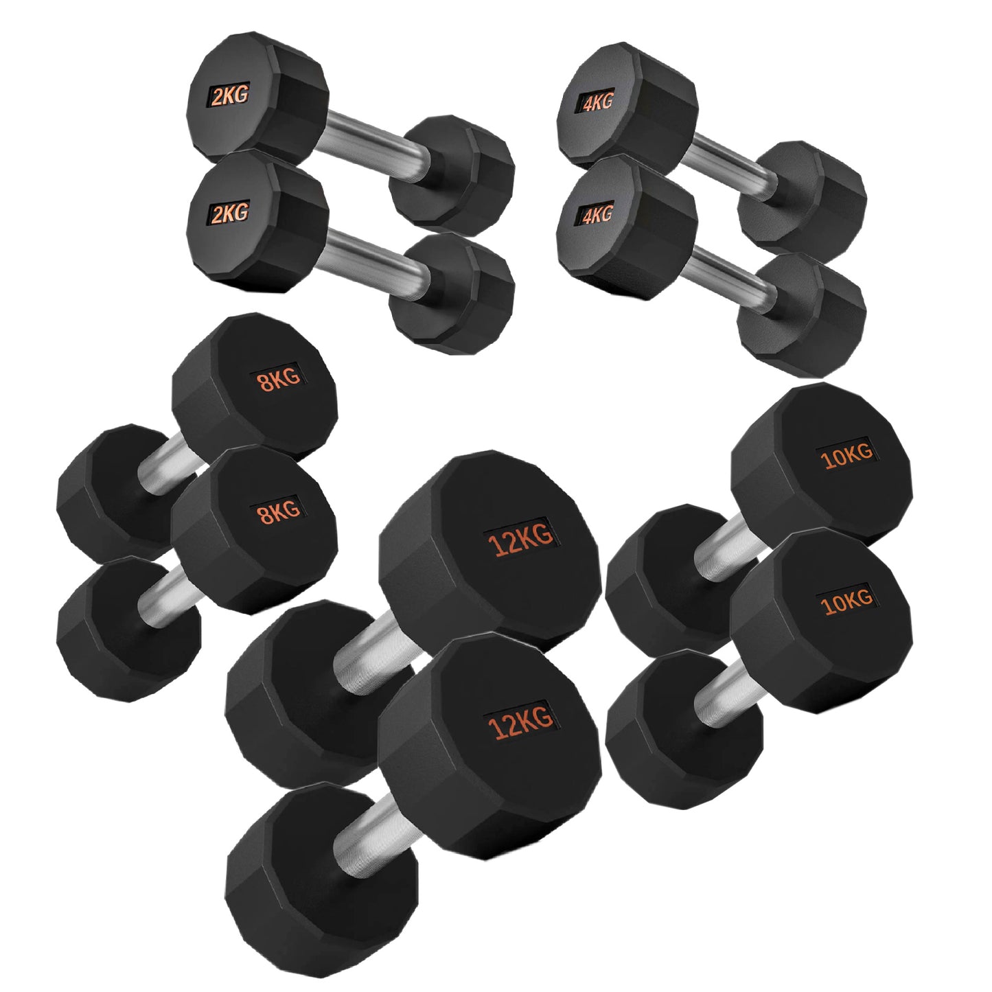 Round Hex Dumbbells with Anti-Roll Design - Premium Rubber-Coated Heads and Knurled Grip Handles - Available as Singles, Pairs or Complete Sets with Optional Storage Rack - Professional Gym Quality