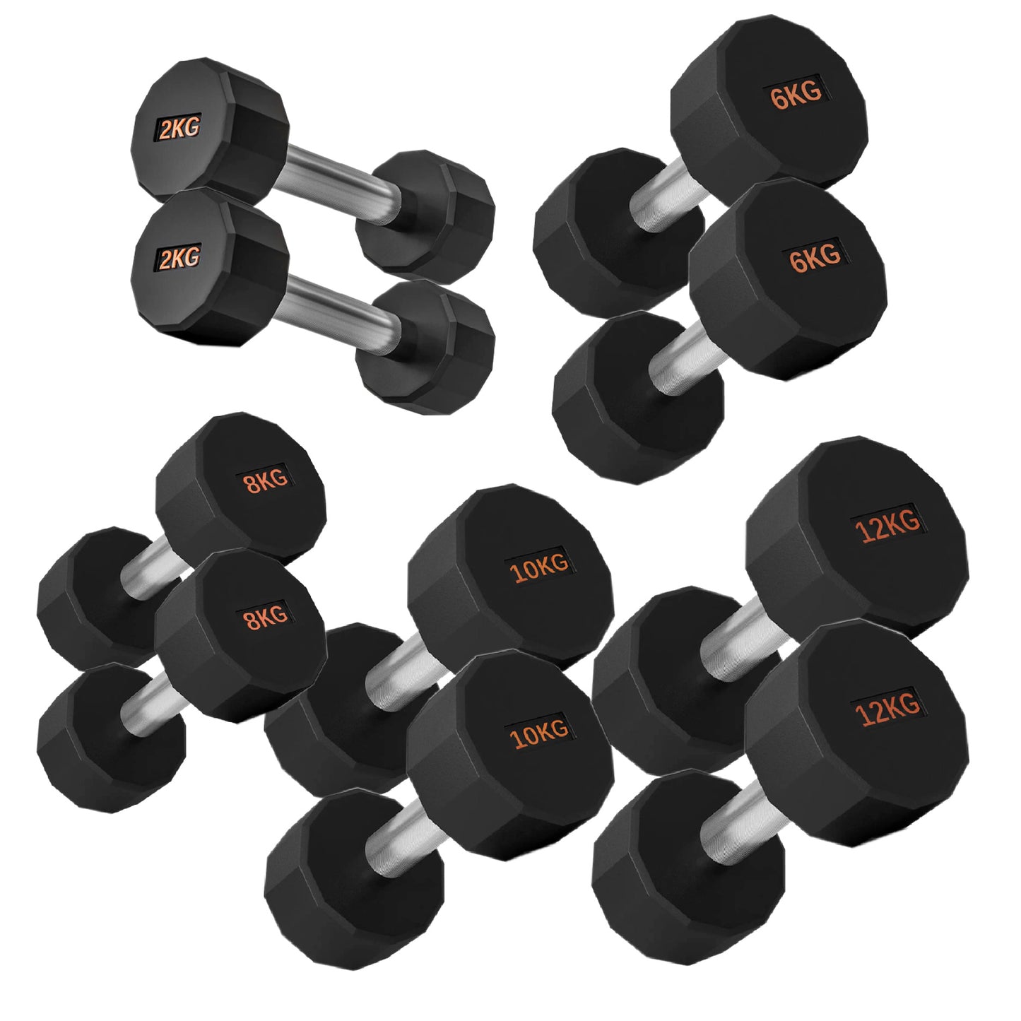 Round Hex Dumbbells with Anti-Roll Design - Premium Rubber-Coated Heads and Knurled Grip Handles - Available as Singles, Pairs or Complete Sets with Optional Storage Rack - Professional Gym Quality