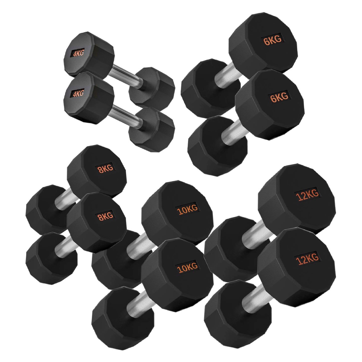 Round Hex Dumbbells with Anti-Roll Design - Premium Rubber-Coated Heads and Knurled Grip Handles - Available as Singles, Pairs or Complete Sets with Optional Storage Rack - Professional Gym Quality