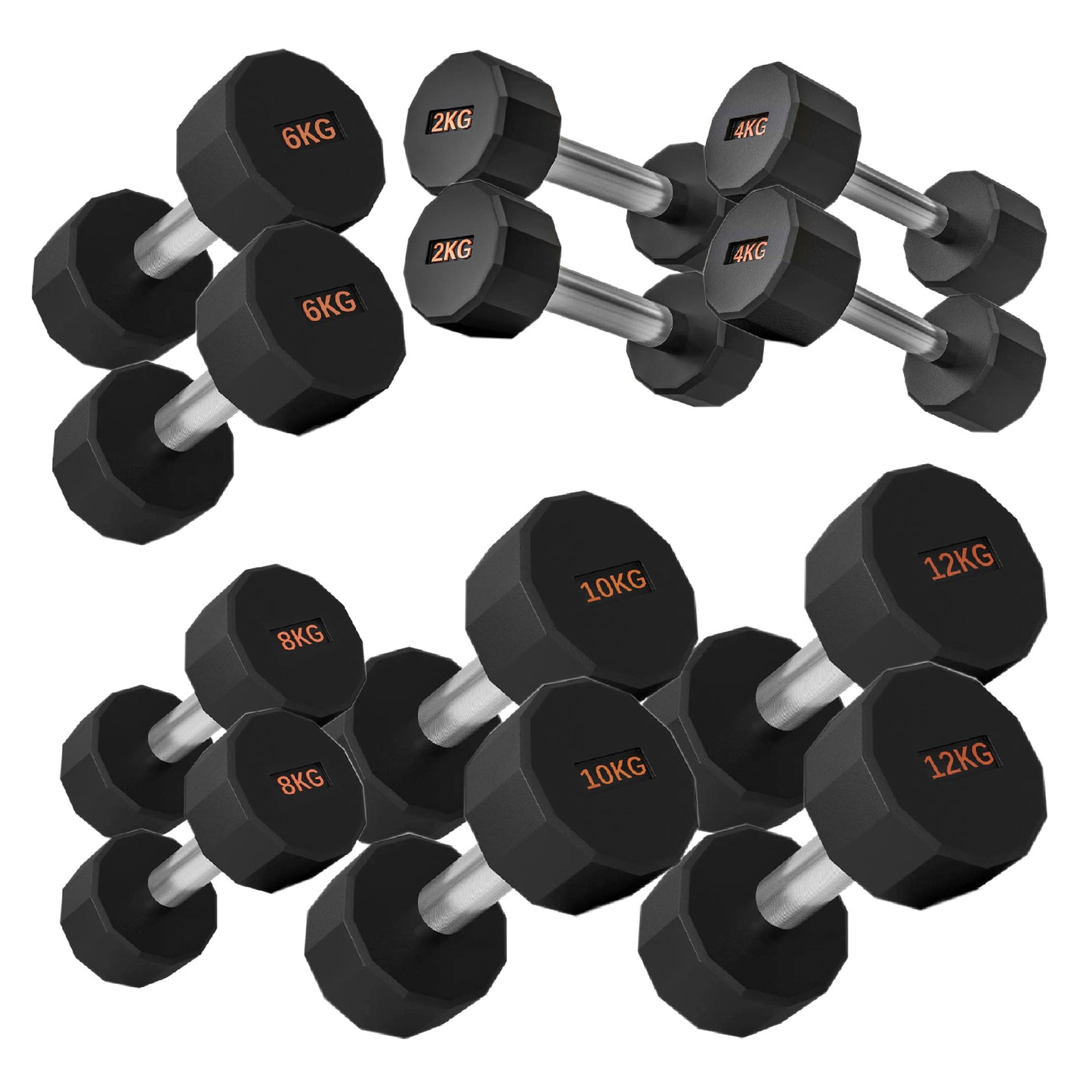 Round Hex Dumbbells with Anti-Roll Design - Premium Rubber-Coated Heads and Knurled Grip Handles - Available as Singles, Pairs or Complete Sets with Optional Storage Rack - Professional Gym Quality
