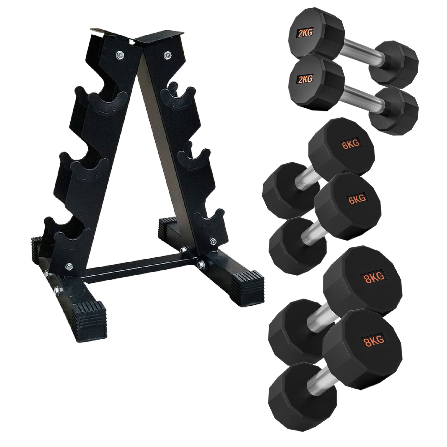 Round Hex Dumbbells with Anti-Roll Design - Premium Rubber-Coated Heads and Knurled Grip Handles - Available as Singles, Pairs or Complete Sets with Optional Storage Rack - Professional Gym Quality