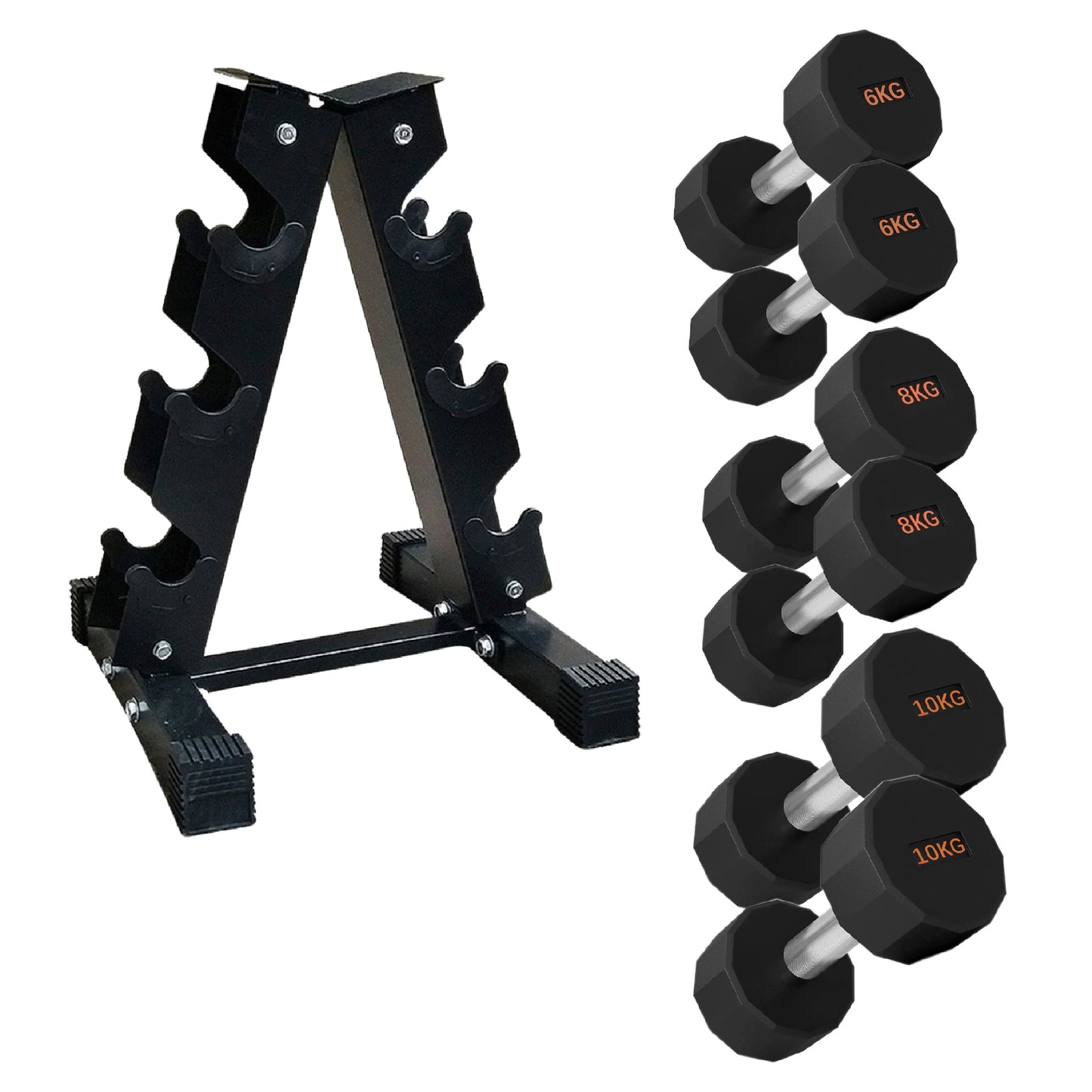 Round Hex Dumbbells with Anti-Roll Design - Premium Rubber-Coated Heads and Knurled Grip Handles - Available as Singles, Pairs or Complete Sets with Optional Storage Rack - Professional Gym Quality