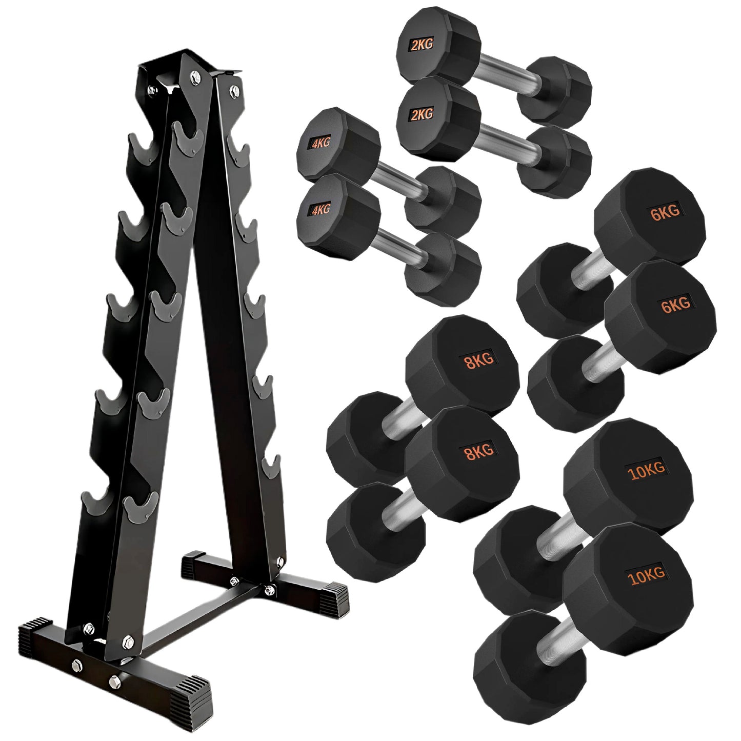 Round Hex Dumbbells with Anti-Roll Design - Premium Rubber-Coated Heads and Knurled Grip Handles - Available as Singles, Pairs or Complete Sets with Optional Storage Rack - Professional Gym Quality