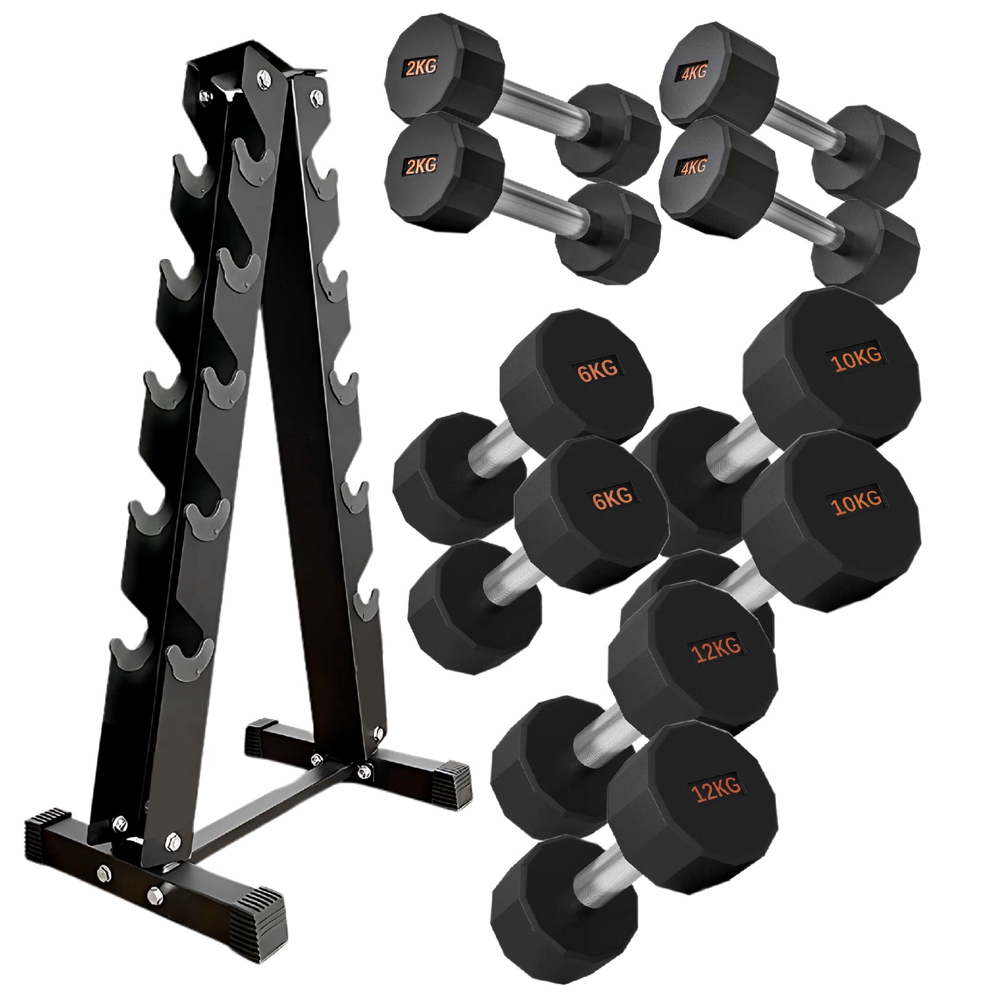 Round Hex Dumbbells with Anti-Roll Design - Premium Rubber-Coated Heads and Knurled Grip Handles - Available as Singles, Pairs or Complete Sets with Optional Storage Rack - Professional Gym Quality