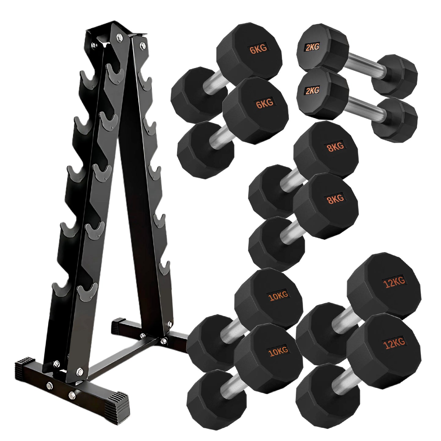 Round Hex Dumbbells with Anti-Roll Design - Premium Rubber-Coated Heads and Knurled Grip Handles - Available as Singles, Pairs or Complete Sets with Optional Storage Rack - Professional Gym Quality