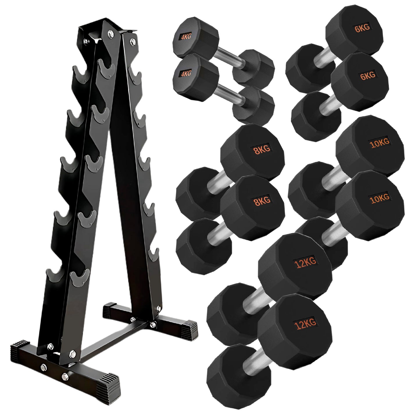 Round Hex Dumbbells with Anti-Roll Design - Premium Rubber-Coated Heads and Knurled Grip Handles - Available as Singles, Pairs or Complete Sets with Optional Storage Rack - Professional Gym Quality