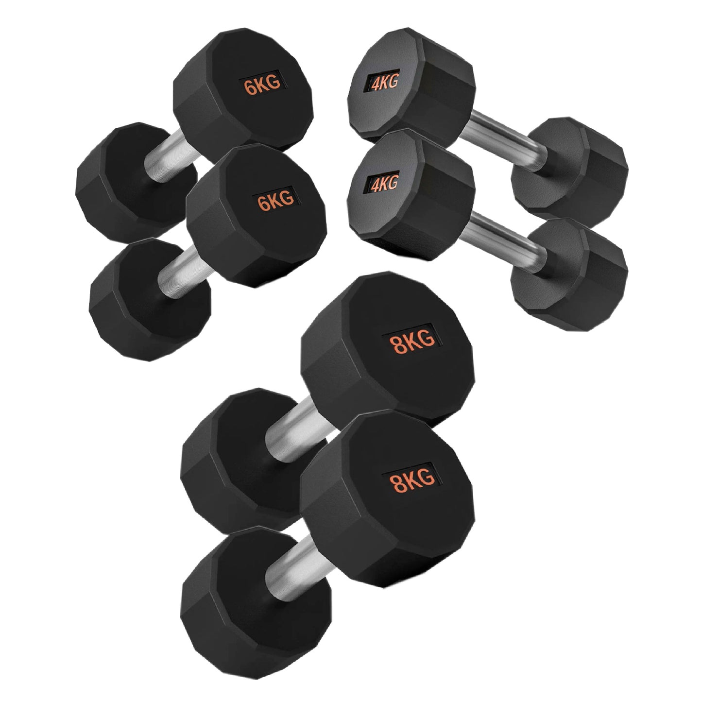 Round Hex Dumbbells with Anti-Roll Design - Premium Rubber-Coated Heads and Knurled Grip Handles - Available as Singles, Pairs or Complete Sets with Optional Storage Rack - Professional Gym Quality